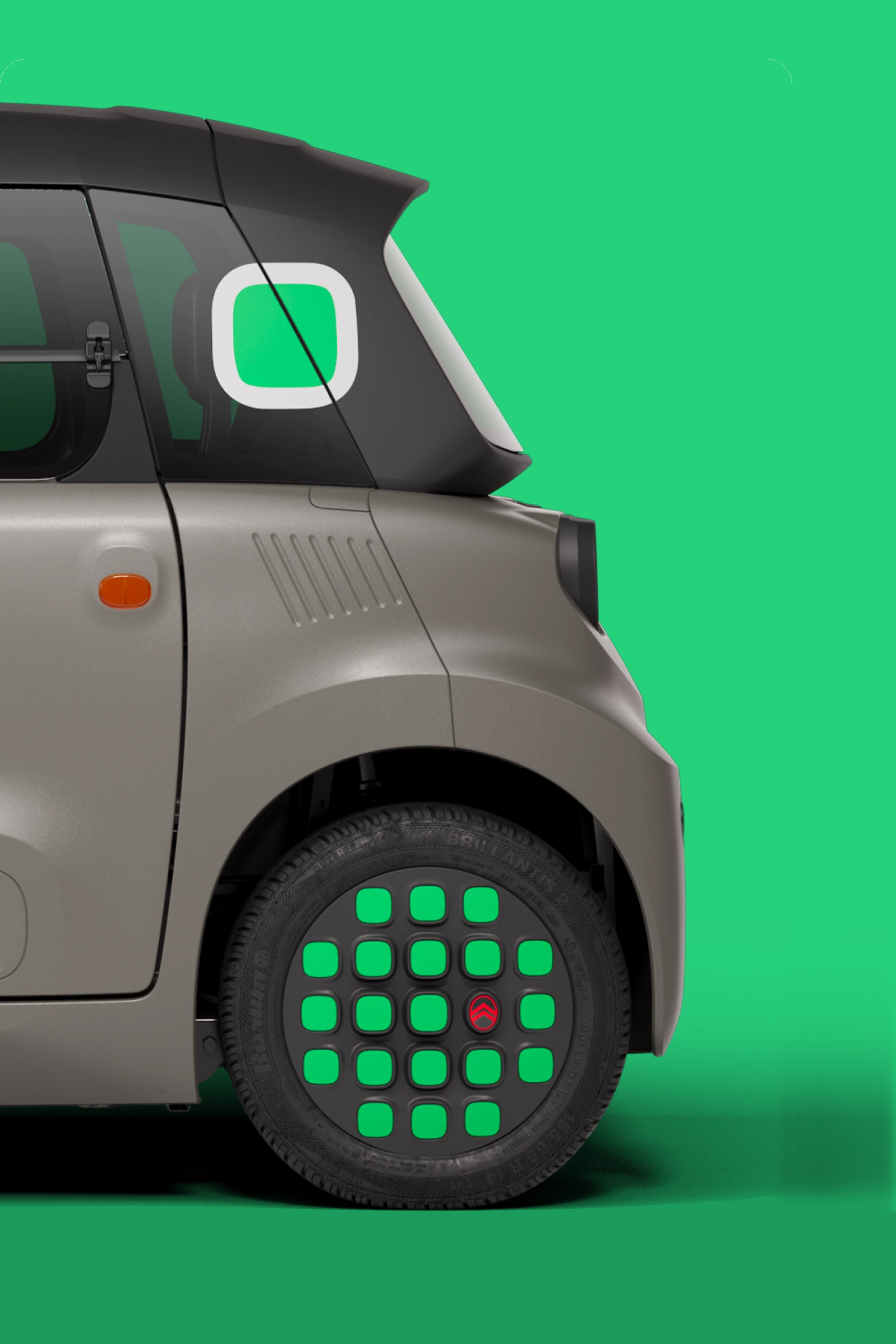 Vue arrière latérale : Citroën ami Minty présente un design compact et sûr offrant une liberté de mobilité urbaine innovante.