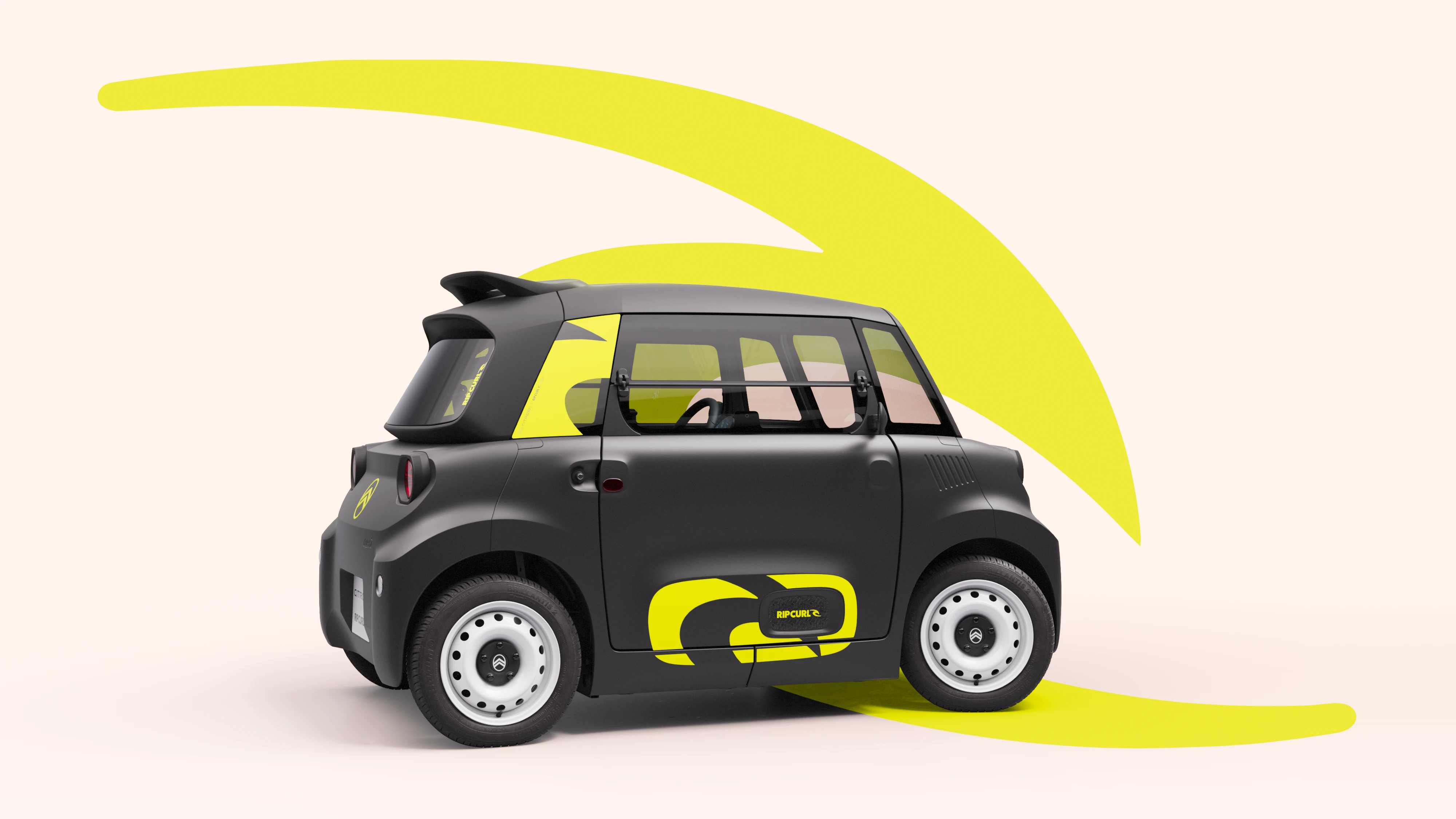 Vue latérale de la Citroën Ami x Rip Curl électrique sans permis, Citroën Ami compacte pour la mobilité urbaine en voiture électrique